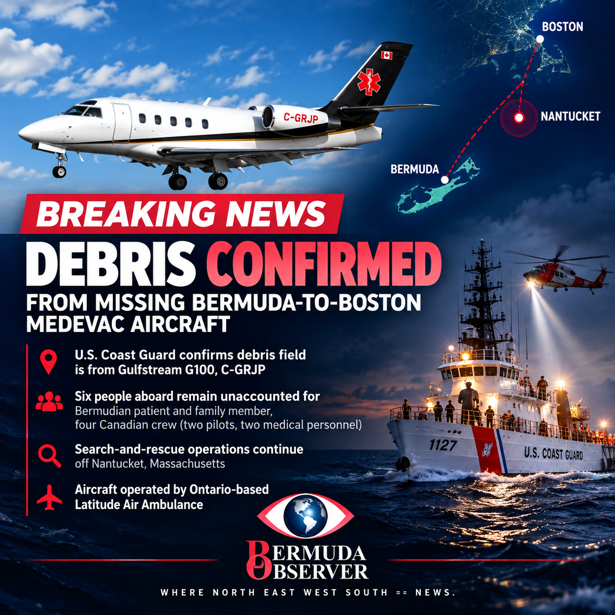 Breaking news: debris confirmed in C-GRJP search — investigators work to identify wreckage linked to the missing Bermuda to Boston air ambulance