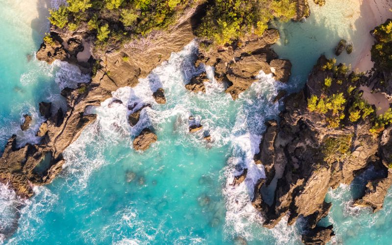 Aerial view of Bermuda's rocky coastline and turquoise water